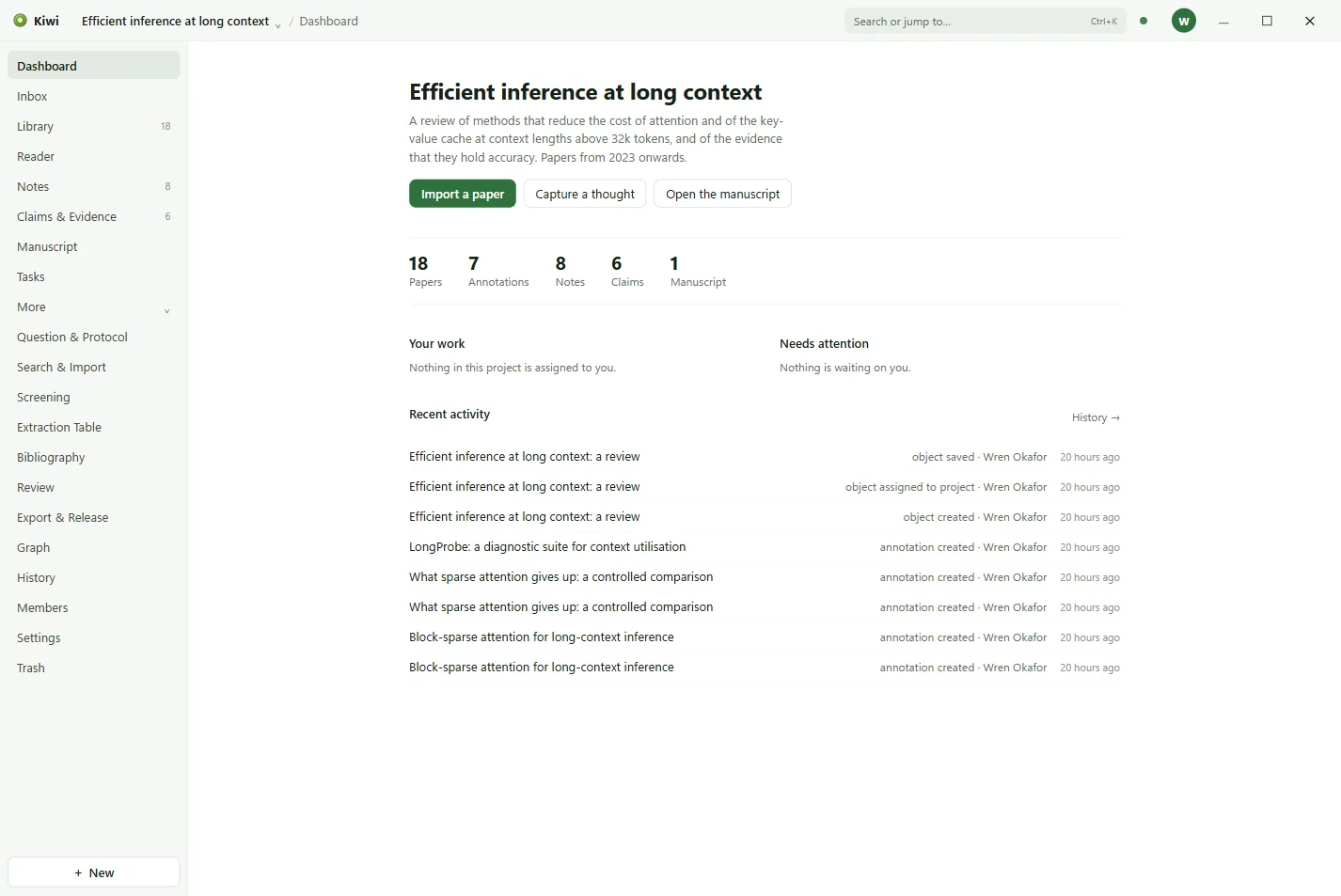 The dashboard of a literature review project